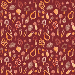 Naklejka premium Fall nature seamless pattern. Fun seasonal design hand drawn with watercolor in cute kid style. Autumn plants background for textile, fabric, wallpaper, packaging