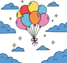 Cartoon balloons flying in the sky with clouds and stars. A cheerful and whimsical vector illustration perfect for birthday celebrations and parties.