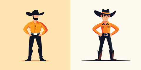 Confident Cowboy Poses Western Sheriff Character Design in Orange Shirt and Cowboy Hat Vector Illustration for Wild West Theme Apparel or Branding