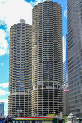 Modern high-rise twin towers in downtown Chicago.