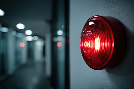 Red fire alarm button on a wall, with blurred office hallway in the background