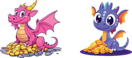 Cute Pink and Purple Baby Dragons Guarding Their Treasure of Gold Coins Vector Illustration Set