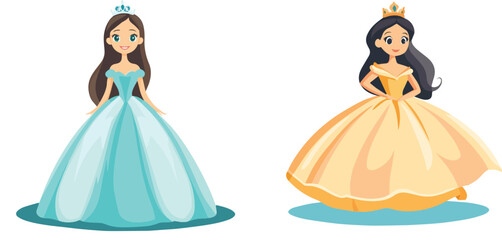Two Beautiful Princesses in Elegant Gowns and Crowns Vector Illustration Isolated on White Background Perfect for Fairytale and Storybook Projects © Hoody Baba