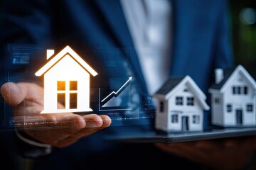 Businessperson holds digital house icon over model homes