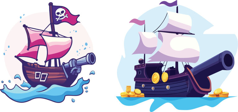 Pirate Ships with Cannons and Treasure Gold Coins Vector Illustration Set