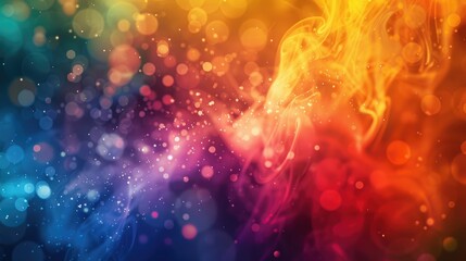 Abstract swirls of vibrant teal, orange, and red hues blend with glittering bokeh lights against a dark backdrop, creating a dynamic and energetic composition