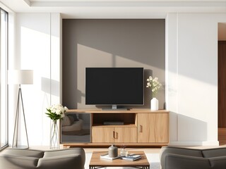 Obraz premium Modern Living Room Interior Mockup with TV Cabinet, Lamp, Table, Flowers, and Indoor Plants (AI Generated)