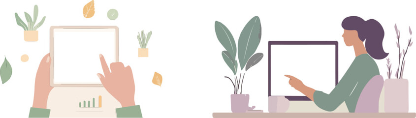 Hands holding tablet and desktop computer with blank white screen mockup surrounded by plants vector illustration ideal for website design social media and