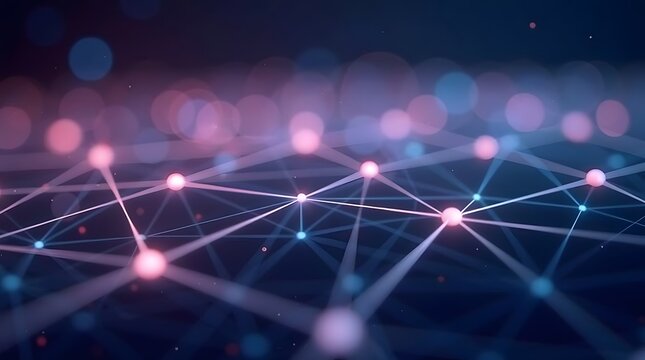 Abstract technology background of a glowing network grid. Big data, communication, and digital connection concept with a shallow depth of field and bokeh.