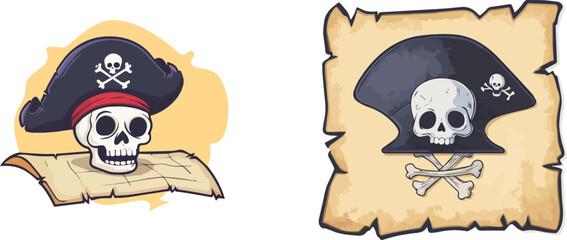 Pirate Skull and Crossbones with Treasure Map and Parchment Scroll Vector Illustration Set for Halloween Party Invitations, Decorations, or Themed Events