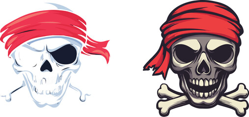 Pirate Skull with Red Bandana and Crossbones Vector Illustration Set