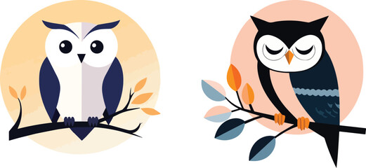 Two Cute Owls Perched on a Branch with Leaves in Flat Design Style vector illustration isolated on White Background Concept for Prints Web Design Banner