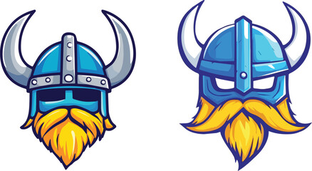 Viking Mascot Logo Design with Blue Helmet and Yellow Mustache Isolated on White Background Suitable for Sports Team Identity Branding or Gaming Community