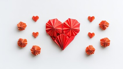 Red origami heart surrounded by smaller origami hearts and cones