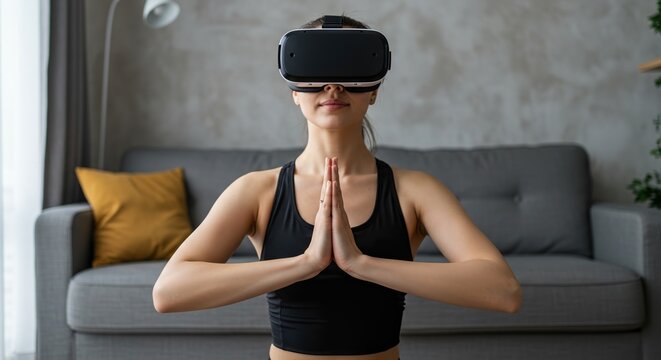 Woman doing yoga at home wearing VR headset