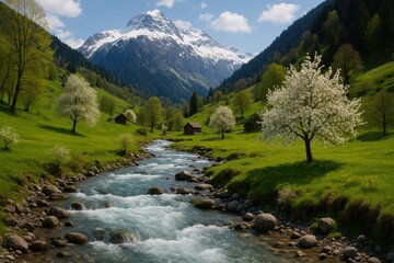 Obraz premium Idyllic spring landscape featuring a clear mountain river flowing through a verdant valley with blossoming trees and a snow-capped peak.
