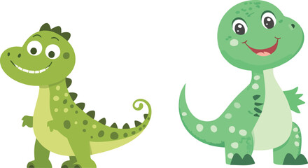 Cute Green Dinosaur Characters Standing and Smiling Vector Set