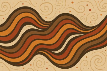 Abstract background with flowing wavy lines in warm earthy tones. Retro groovy vector pattern with brown and orange stripes and swirls.