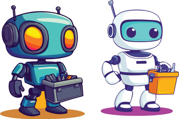 Fototapeta premium Two Cute Repair Robots Holding Toolboxes Vector Illustration on White Background