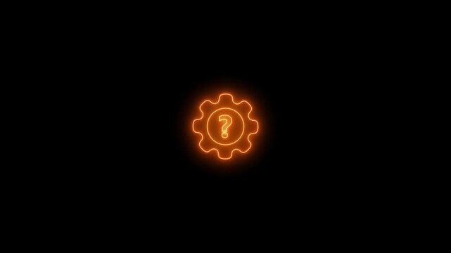 Glowing neon question mark with gear border.question mark in cogwheel setting against black background