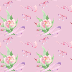 Pattern of flowers and ribbons in pink tones with watercolors.