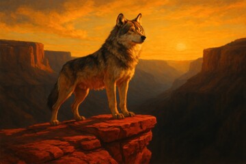 A majestic wolf stands proudly on a red rock cliff overlooking a vast canyon at sunset.