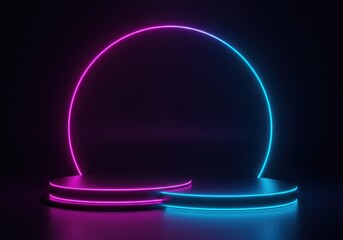 Futuristic Neon Glow Podium with Circular Frame on Dark Background