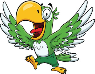 Cartoon green parrot character vector—happy bird with open wings, yellow claws, shorts, and smiling face for kids’ media and clipart