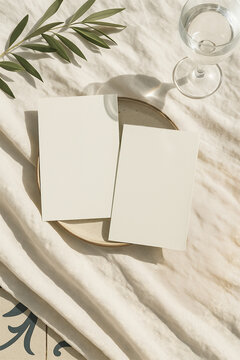 Italian coast 4x6 stationary mockup, linen background on ceramic plate, wedding, birthday, invitation mockup