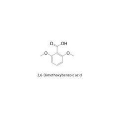 2,6-Dimethoxybenzoic acid skeletal structure. Benzoic Acid compound schematic illustration. Simple diagram, chemical formula.