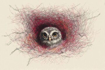 Fototapeta premium Owl peeking out from a cozy nest surrounded by colorful twigs at twilight in a serene woodland setting