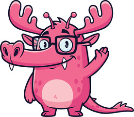 Cartoon pink dragon character with antlers, glasses, and wings—cute upright creature waving with a smile for kids’ clipart and apps