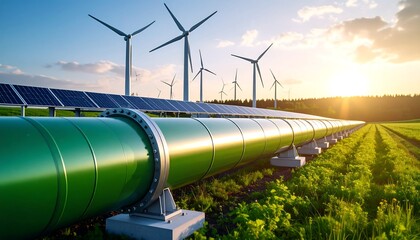 Green energy pipeline with solar panels and wind turbines at sunset