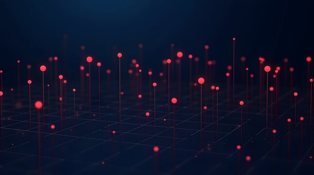 Abstract technology grid with glowing red data points rising up. Concept of information transfer, data processing, server network, or digital landscape.