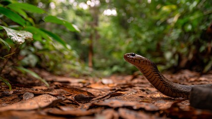 A snake navigates through a vibrant tropical forest, blending with its surroundings.