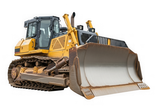 A yellow bulldozer is ready for work isolated on a transparent background