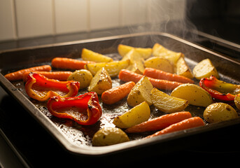 Hot roasted vegetables including potatoes, carrots, and red peppers steaming on a dark baking sheet.