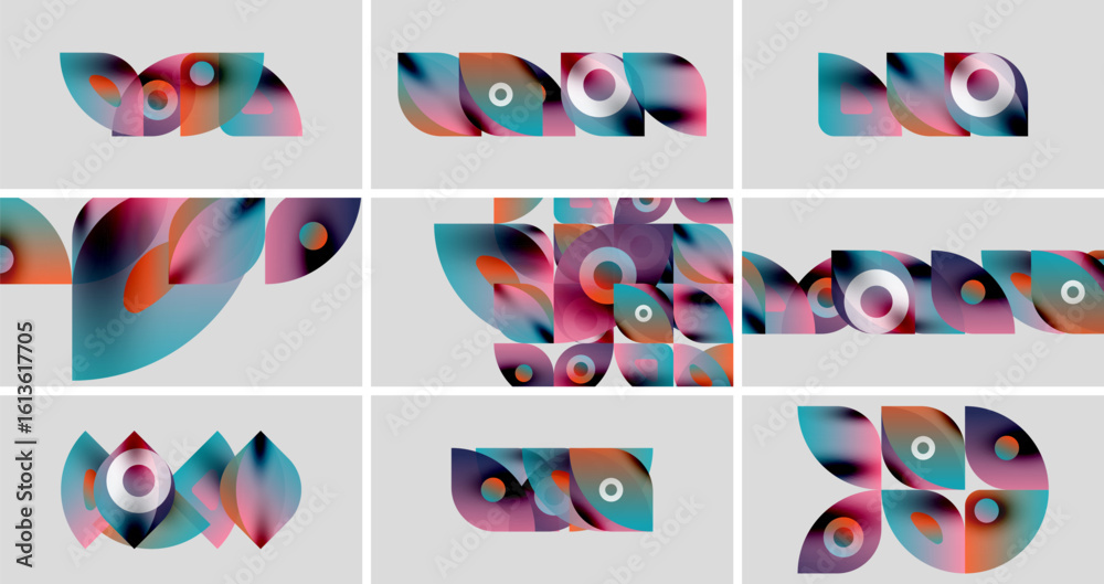 Poster Abstract colorful shapes arranged in grid. Overlapping forms create dynamic visual patterns. Smooth gradients, modern design.