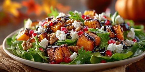 Roasted butternut squash, goat cheese, pomegranate, walnuts, balsamic glaze on greens, fall colors.