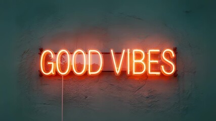 Neon GOOD VIBES sign pulsing on textured wall - Powered by Adobe