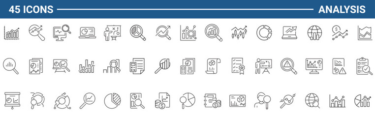 Set of outline icons related to analysis, infographic, analytics. Icons for Web and Mobile App. Editable stroke. Vector illustration. 