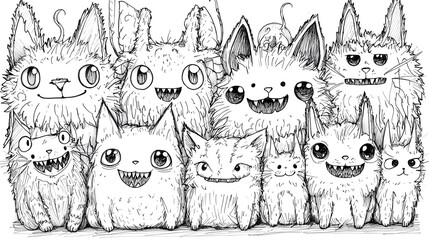 Group of fluffy, whimsical creatures, large eyes, wide grins, various expressions,  cartoon style,  black and white
