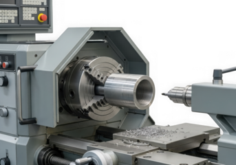 A metal lathe is ready to cut a cylinder isolated on transparent background