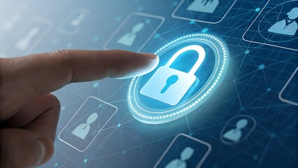 Finger touching a glowing digital padlock icon representing data security and privacy