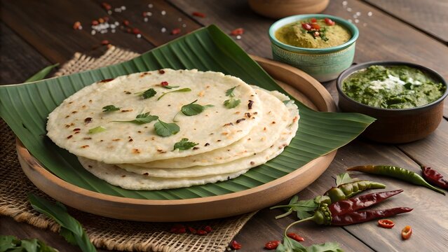 Traditional Akki Thalipettu on Areca Leaf Plate &ndash; Authentic South Indian Breakfast on Wooden Background