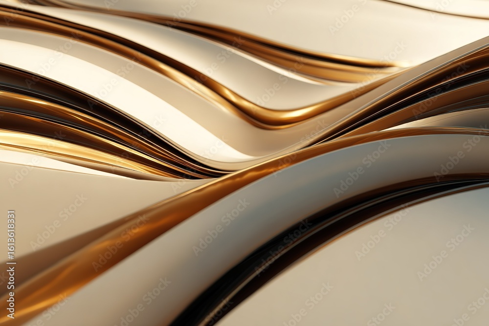 Poster flowing waves of metallic patterns create an abstract visual effect in gold and cream tones
