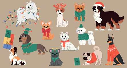 Cute Christmas dog illustration set featuring various breeds in festive outfits. Includes sweaters, bows, hats, antlers, lights, and gifts. Holiday themed cartoon pets on beige background. Vector