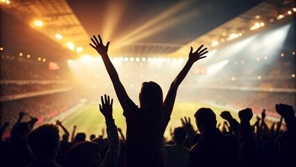 Excited crowd with hands raised at a vibrant concert