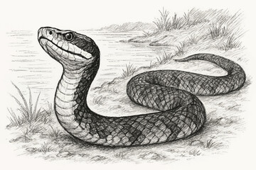 Fototapeta premium realistic drawing of a black cobra snake, nature inspired wildlife art featuring a serpent coiled by a riverbank with detailed textures