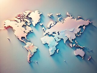 A stylized world map is shown with soft pastel colors and raised relief